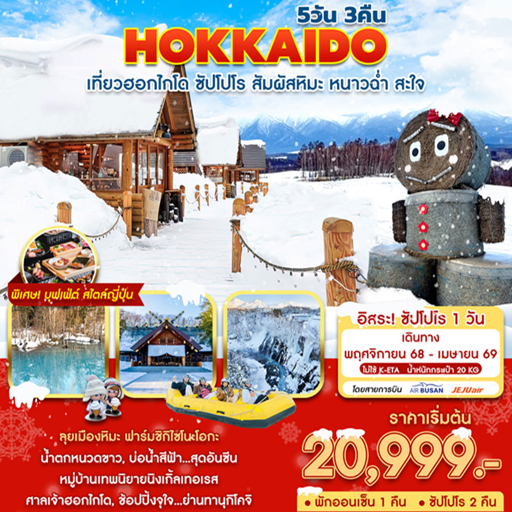 ทัวร์ญี่ปุ่น HOKKAIDO เที่ยวฮอกไกโด ซัปโปโร สัมผัสหิมะ หนาวฉ่ำ สะใจ 5วัน 3คืน (BX,LJ,7C)